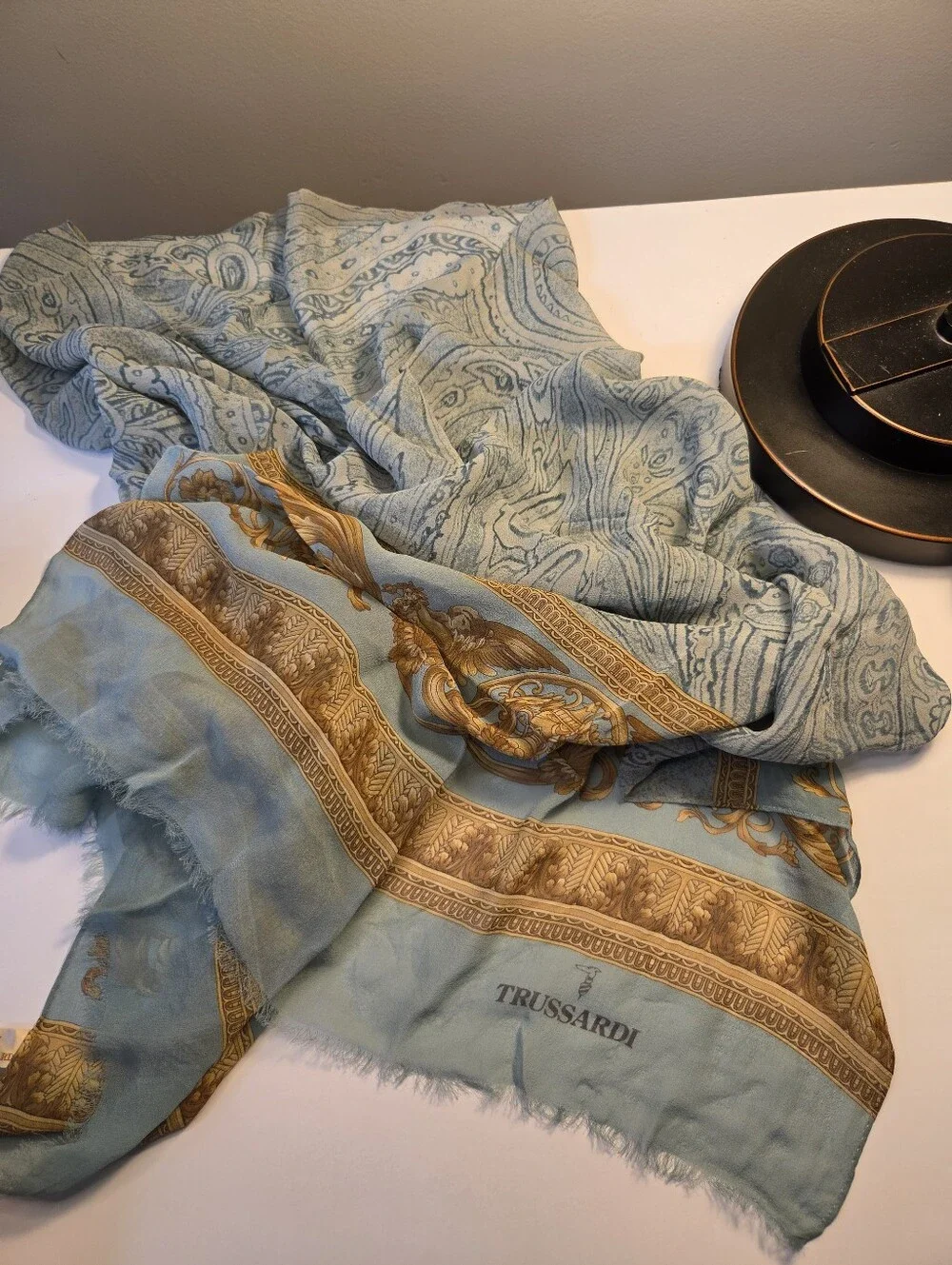 Trussardi Silk Scarf Green Blue Baroque Floral Blue & Gold Paisley Wrap Shawl